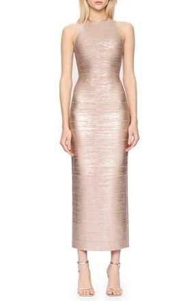 H&eacute;rve L&eacute;ger Metallic Foil Bandage Midi Dress in Rose Gold Foil at Nordstrom Rack, Size Xx-Small