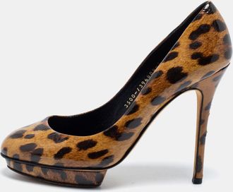 Gina Brown Leopard Print Patent Leather Round Toe Pumps