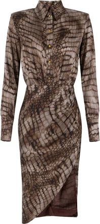 Elisabetta Franchi Geklede Midi-jurk met Print - Dames - Shirt Kleedjes - Bruin - L - Polyester - Kleedjes