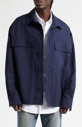 Balmain Monogram Cotton Jacquard Button-Up Shirt in 6Ub Marine at Nordstrom, Size 44 Us