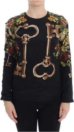 Dolce & Gabbana Middeleeuwse Gouden Sleutel Bloemenprint Blouse - Dames - Longsleeves - Zwart - 2XS - Tops