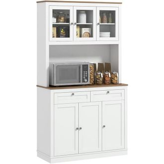 HOMCOM Alacena De Cocina Mueble Auxiliar De Cocina Con 3 Puertas De Vidrio Compartimento Abierto 2 Cajones Y Estantes Ajustables 100x40x180 Cm Blanco