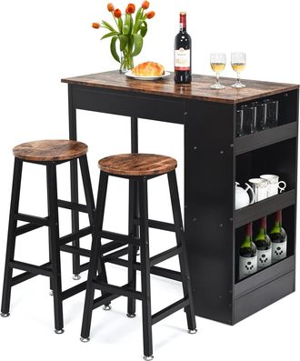Costway Costway Juego De Mesa De Bar De 3 Piezas, Juego De Mesa Con 2 Taburetes De Bar, Mesa De Comedor De Madera Con Estante Lateral De 3 Niveles, Mesa De Ma