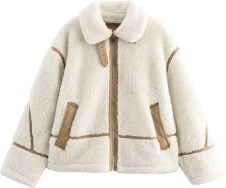 Generic Womens Faux Fur Jackets Winter Trendy Fuzzy Oversized Sherpa Leather Patchwork Jacket Lapel Zip Up Coat Outfits