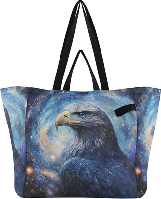 Generic Hawk Space Blue print Reusable Canvas Tote Bag, Heavy Duty Grocery Shopping Bag with Double Handles Hard Bottom Large Capacity Work Groceries Travel