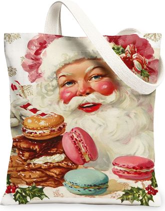 Generic Christmas Santa Canvas Tote Bags, Holiday Treats Pattern Reusable Grocery Bags, Lightweight Washable Shoulder Strap for Out, Multicolor, 13x15 Inch
