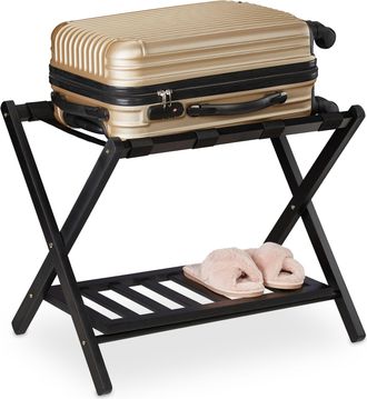 Relaxdays Relaxdays Soporte Para Maletas Plegable, Reposa Maletas Madera, Porta Equipajes, 2 Baldas, 54,5x66x44 Cm, Color Negro