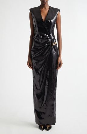 Balmain Sequin Draped Side Chain Dress in 0Pa Black at Nordstrom, Size 10 Us