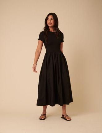 Nobody's Child Black Short Sleeve A-line Sarah Midi Dress