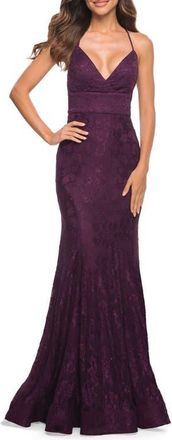 La Femme Stretch Lace Gown with Flattering Seams at Waist in Dark Berry at Nordstrom, Size 10