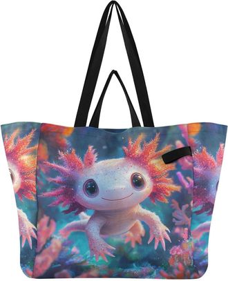 Generic Axolotl Blue pattern Reusable Canvas Tote Bag, Heavy Duty Grocery Shopping Bag with Hard Bottom Large Capacity Double Handles Work Groceries Travel