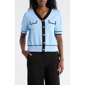 Nanette Lepore Preppy Pointelle Short Sleeve Sweater in Airy Blue/Very Black at Nordstrom Rack, Size X-Large