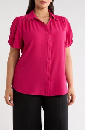 Adrianna Papell Gathered Short Sleeve Button-Up Shirt in Hot Pink at Nordstrom Rack, Size 1X