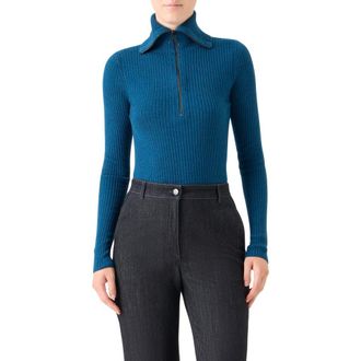 Akris Virgin Merino Wool Half Zip Turtleneck Sweater in Teal at Nordstrom, Size 16