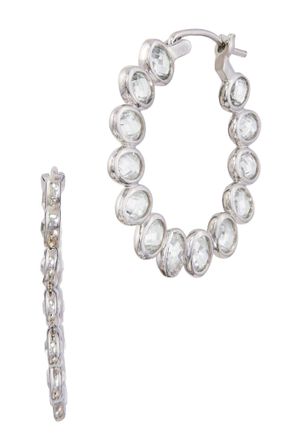 Savvy Cie Jewels RHODIUM PLATED WHITE CZ HOOP EARRINGS
