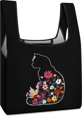 Generic Cat Flowers Shopping Bag Reusable Grocery Tote Bag Foldable Handbag for Travel Picnic
