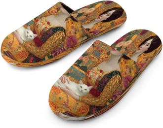 Generic Woman in Dress And Cat Painting Mens Cozy Memory Foam Slippers Warm Cotton House Shoes Comfy Slipper for Indoor Outdoor