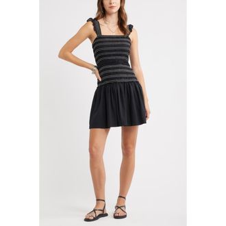 Treasure & Bond Ruffle Smocked Drop Waist Cotton Blend Minidress in Black at Nordstrom, Size Xx-Large