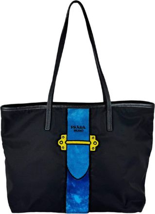Prada Black Blue Nylon Velvet Shoulder Bag Tote Bag (Pre-Owned)