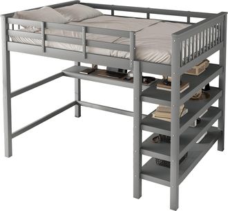 STILVORA Cama Alta 2 Plazas Con Escritorio Y Estantes, 140 X 200 Cm, Sin Colch&oacute;n, En Pino Y Mdf, Gris