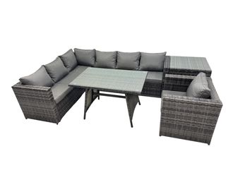 Fimous 7-seater Dining Table Patio Garden Furniture Set with Chair Side Table in Dark Grey