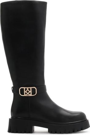 Kazar Zwarte leren laarzen versierd met een band - Dames - Hoge Laarzen - Zwart - 37 EU - Wol - Schoenen