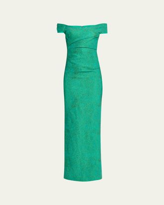 Teri Jon Off-Shoulder Metallic Jacquard Column Gown