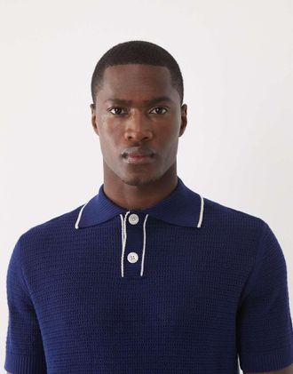 Selected Polo in maglia blu scuro con colletto a contrasto