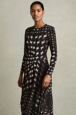 Reiss Womens Black & White Houndstooth Print Ruched Midi Dress, Size: L