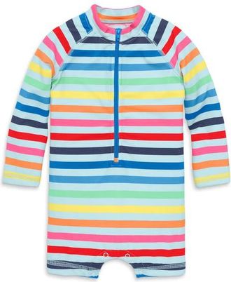 primary Long Sleeve One-Piece Rashguard Swimsuit in Mist Spring Stripe at Nordstrom, Size 12-18M
