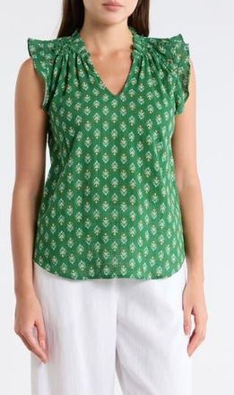 Bobeau Ruffle Sleeveless Cotton Top in Green/yellow Floral at Nordstrom Rack, Size X-Large