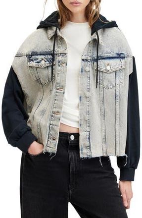 AllSaints Milena Mixed Media Hooded Denim Jacket in Indigo Blue at Nordstrom Rack, Size X-Small/small