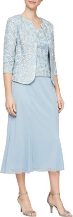 Alex Evenings Lace Bodice Godet Midi Dress with Jacket in Light Blue at Nordstrom, Size 18