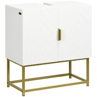 Kleankin Modern Bathroom Sink Cabinet - Freestanding Under Sink Storage Cabinet - Space Saving Wooden Basin Cupboard with 2 Doors and Gold Steel Legs