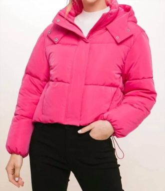 Love Tree Hooded Puffer Jacket With Snap Closure In Fucshia