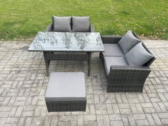 Fimous Dark Grey PE Wicker Rattan Garden Furniture Set Love Sofa Outdoor Rectangular Dining Table Big Footstool