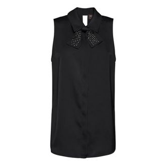 Simona Corsellini Tops, Dames, Zwart, M, Polyester, Mouwloze Top met Geborduurde Vlinderdas en Open Rug