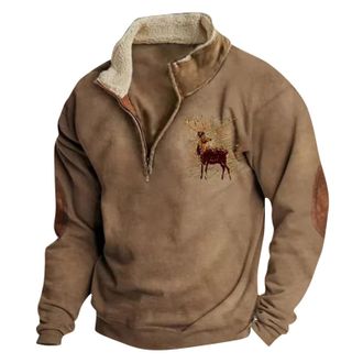 Generic Mens Half Zip Jumpers Hunting Deer Printed Sweatshirts Stand-Up Collar Work Pullovers Warm Sherpa Lined Long Sleeve Tops Vintage Winter Workwears