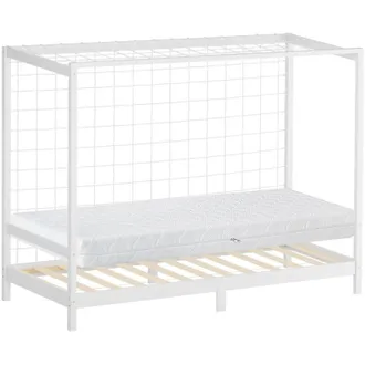 ML Design Ml-design Cama Infantil 90 X 200 Cm En Forma De Porter&iacute;a De F&uacute;tbol Balonmano + Colch&oacute;n 16cm Madera De Pino Blanca, Cuna Individual Para Ni&ntilde;o Con Somie