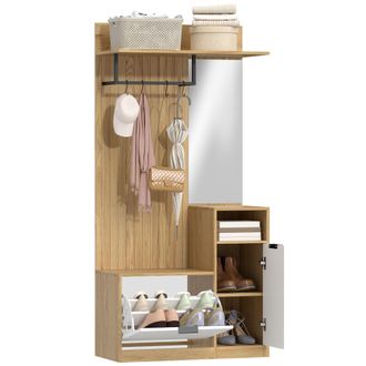 HOMCOM Homcom Perchero Zapatero, Perchero Entrada Recibidor Con Zapatero, Espejo, Armario, Estantes Abiertos Y 4 Ganchos, Estilo Moderno, 80x36x168 Cm, Roble