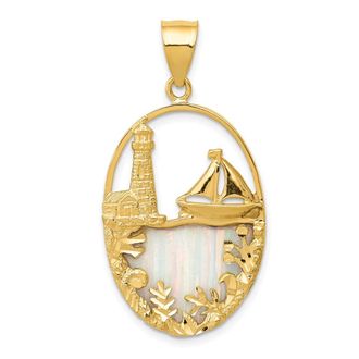 Diamond2Deal 14k Yellow Gold Lab Created Opal Lighthouse Sailboat Pendant
