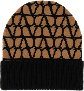 Valentino Garavani Womens Cuffia Geometric-Jacquard Cashmere Beanie Beige
