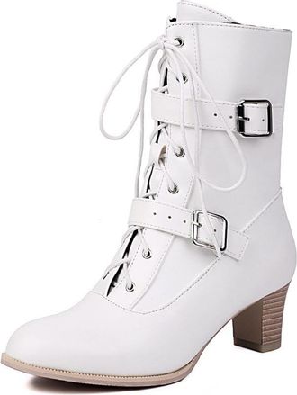 Generic Womens Lace Up Buckle Strap Ankle Boots Round Toe Chunky Block Heels PU Material Comfortable Non Slip Wear Resistant For Party Club Evening Fall Winte