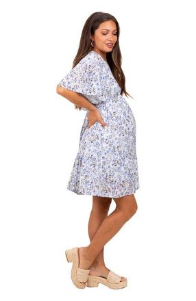 Pinkblush Floral V-Neck Flutter Sleeve Mini Dress in Periwinkle at Nordstrom, Size Small