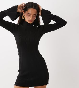 the frolic esclusivo vestito mini in maglia nero con collo alto, maniche svasate e dettagli decorati