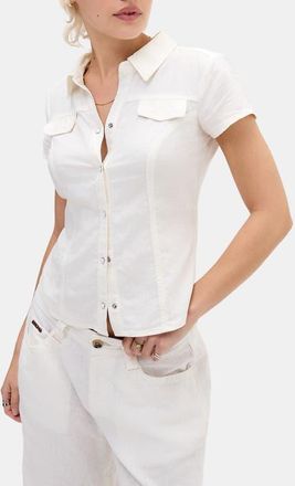 BDG Polly Linen Blend Button-Up Top in White at Nordstrom, Size X-Small