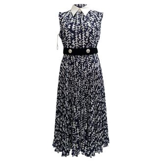 Prada Prada Geometrisch Gedrukt Mouwloos Midi-Jurkje met Ceintuur in Marineblauwe Polyester