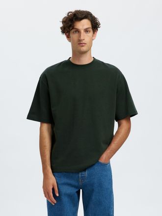 Selected Rundhalsshirt SELECTED SLHLOOSEOSCAR SS O-NECK TEE NOOS, Herren, Gr. XL, gr&uuml;n (deep forest), Jersey, Obermaterial: 44% Baumwolle, 35% Polyester, 21% E