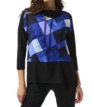 Joseph Ribkoff Mock Neck 3/4 Sleeves Tunic Top In Black/blue Plaid Print