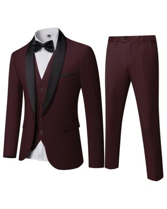Mys Mens 3 Piece Tuxedo Set with Bow Tie, Shawl Lapel One Button Jacket Vest & Pants, Slim Fit Suit Prom Party Wedding Tux, Deep Red, XS
